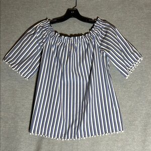 TRINA TURK Casual Summer Blue and White Striped Boxy Fit Top with Pom Pom Trim